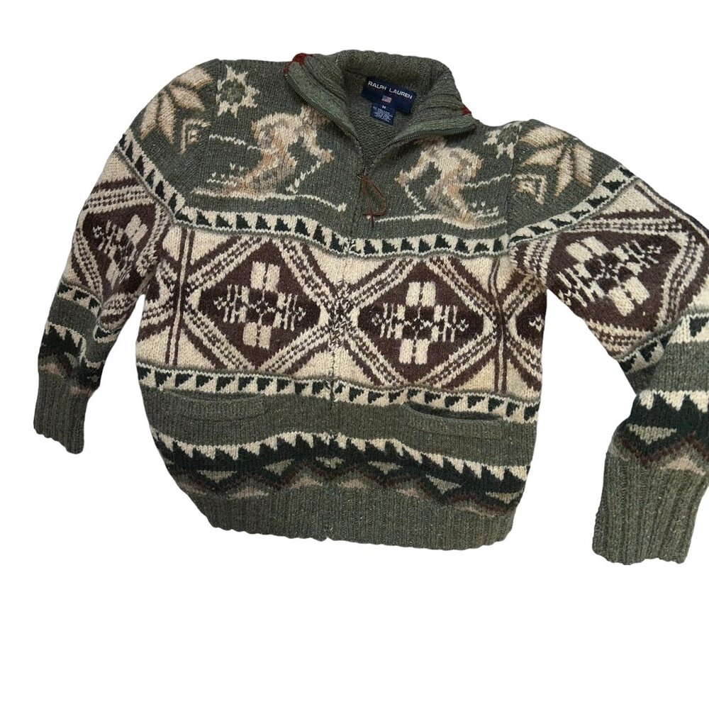Polo Ralph Lauren green cream SKI intarsia knit zip up navajo sweater M